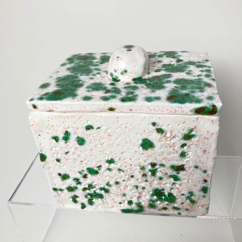 Vintage Studio Pottery Crate Trinket Box Lidded Square Green Pink Splatterware